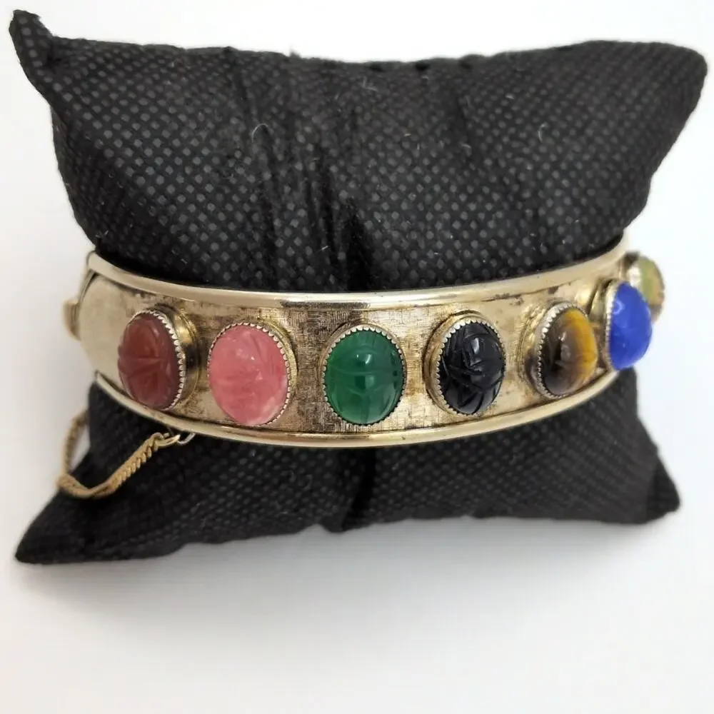 Vintage Gemstone Scarab Hinge Bangle Bracelet Gold Tone With Safety Chain